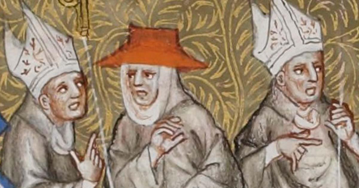 Disputing clerics from the 14th-century Grandes Chroniques de France. Source: Public domain