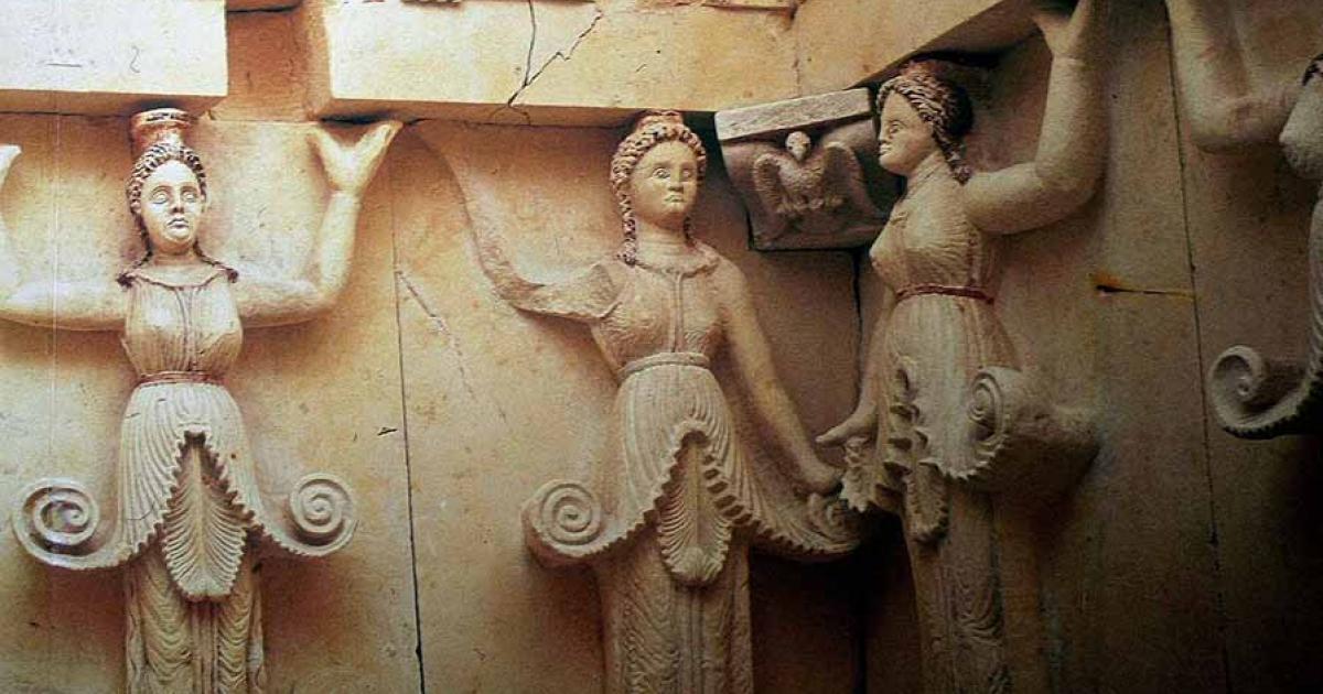 The half-human, half-plant caryatids in the tomb of Sveshtari; these sculpted female figures served as architectural support like a column in the stunning Thracian tomb design.             Source: Nenko Lazarov /  