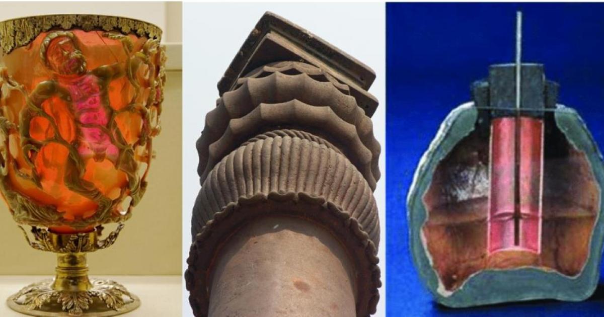 Ancient Technologies. Right: The Lycurgus Cup. Center: Iron Pillar of Delhi, Left: Replica of the Baghdad Battery.