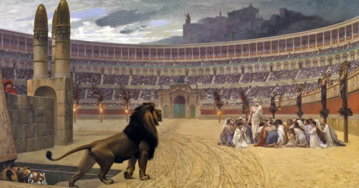 Wild carnivorous animals emerge from a trap door into the Colosseum. ‘The Christian Martyrs' Last Prayer, by Jean-Léon Gérôme, 1883. 