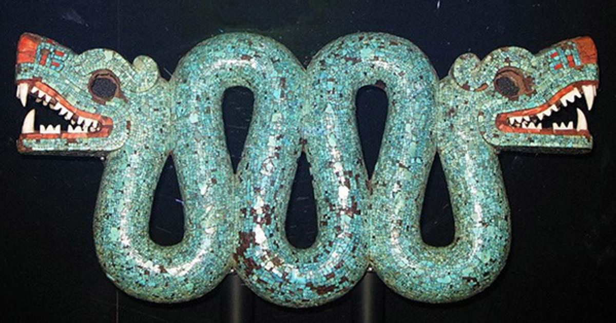 Aztec double headed serpent turquoise chest ornament, British Museum.  
