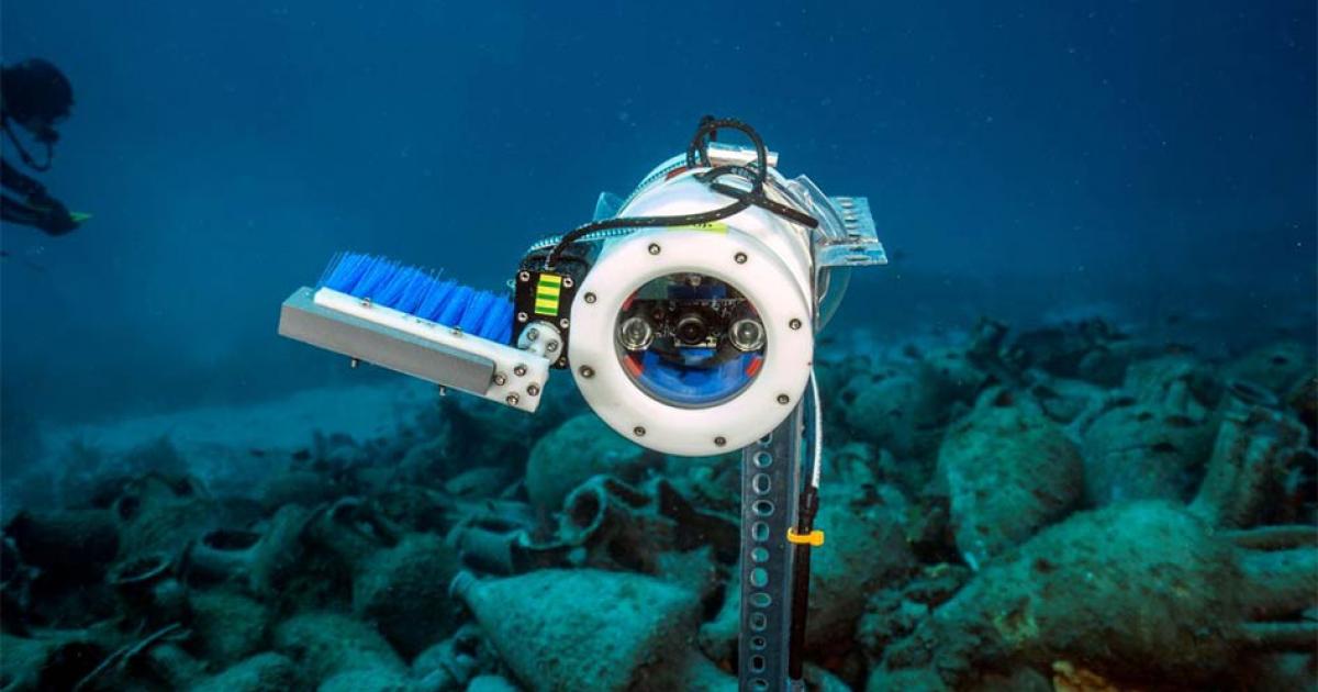 A closeup of one of the underwater AI robot cameras at the shipwreck site in the Aegean Sea, Greece             Source: NOUS