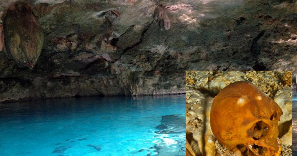 Main: A cenote in Tulum, Mexico. Inset: Ancient skull found in Tulum cenote. 