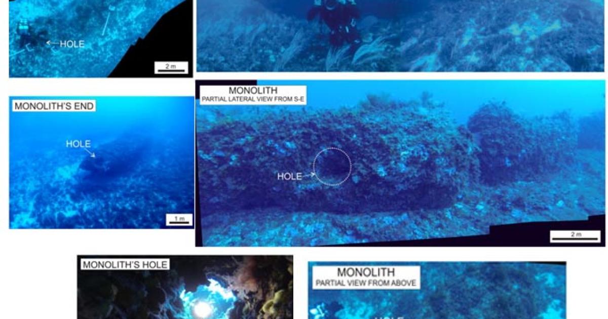 A series of photos of the monolith on the sea floor Note the precise hole in the monolith as photographed by a diver studying the now-submerged area off the coasts of Tunisia and Sicily. 