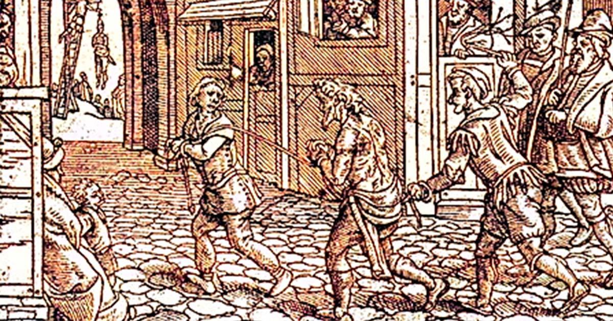 Woodcut depicting a vagrant being punished in the streets of Tudor England. Source: Public domain