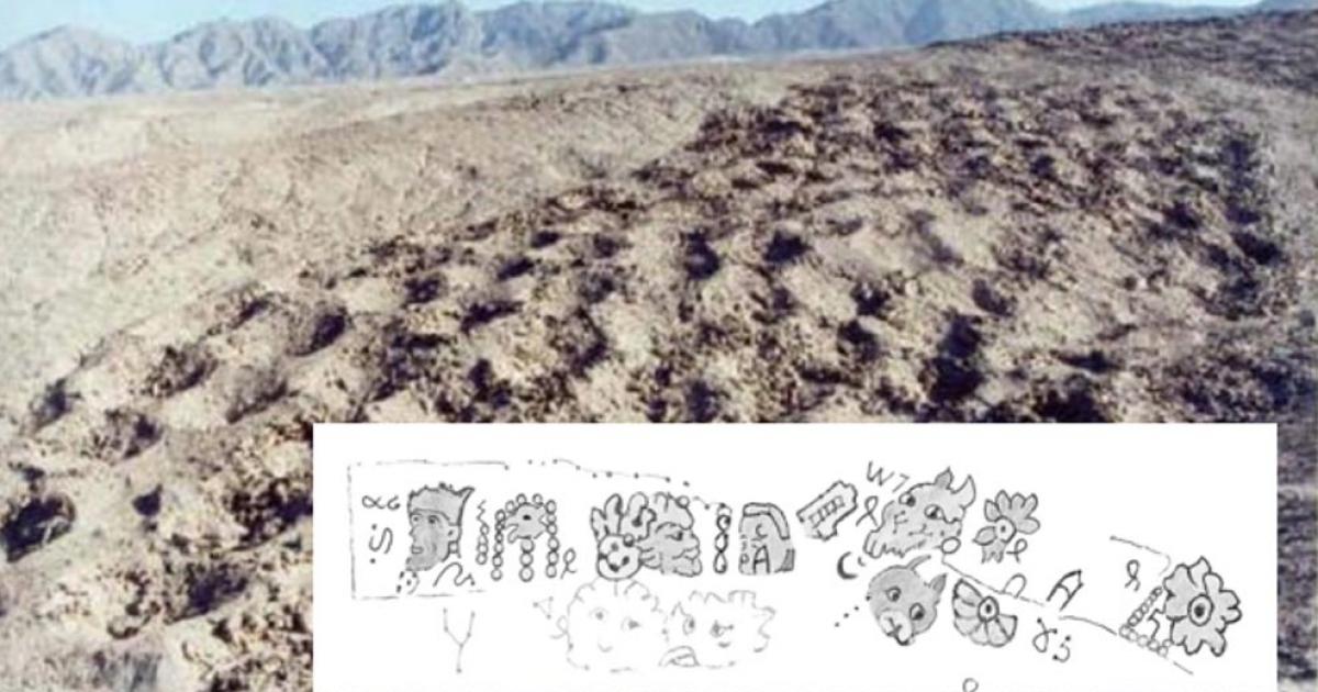 Mile long band of mysterious and unexplained holes in Pisco Valley – Peru. (CC BY 3.0). Inset:  An artistic impression defining 11 pictographs and 22 characters composing just a 200 meters length of the "Band of Holes'. 