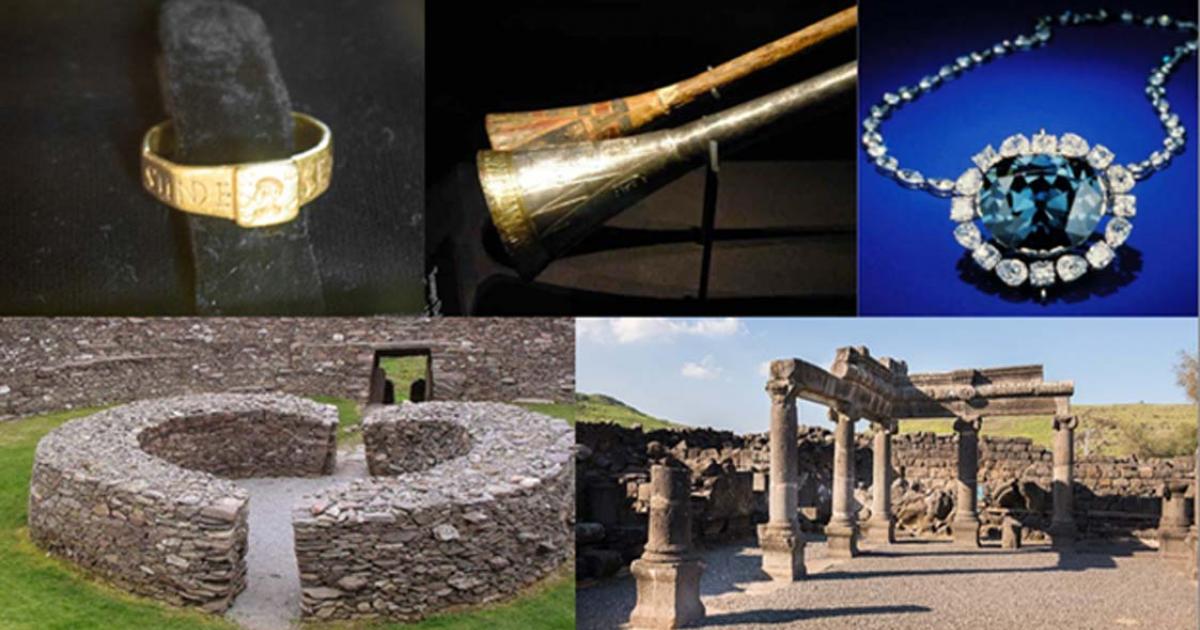 Some unlucky artifacts and cursed sites: The Ring of Silvianus (CC BY 2.0), Tutankhamun’s silver trumpet with wooden insert (Meridianos), the Hope Diamond (CC BY-SA 4.0), Stone ringfort, “Ring of Kerry” in Ireland (Francis Bijl/ CC BY 2.0 ), and ruins of an ancient synagogue at Chorazin. (Lev.Tsimbler/CC BY SA 4.0)