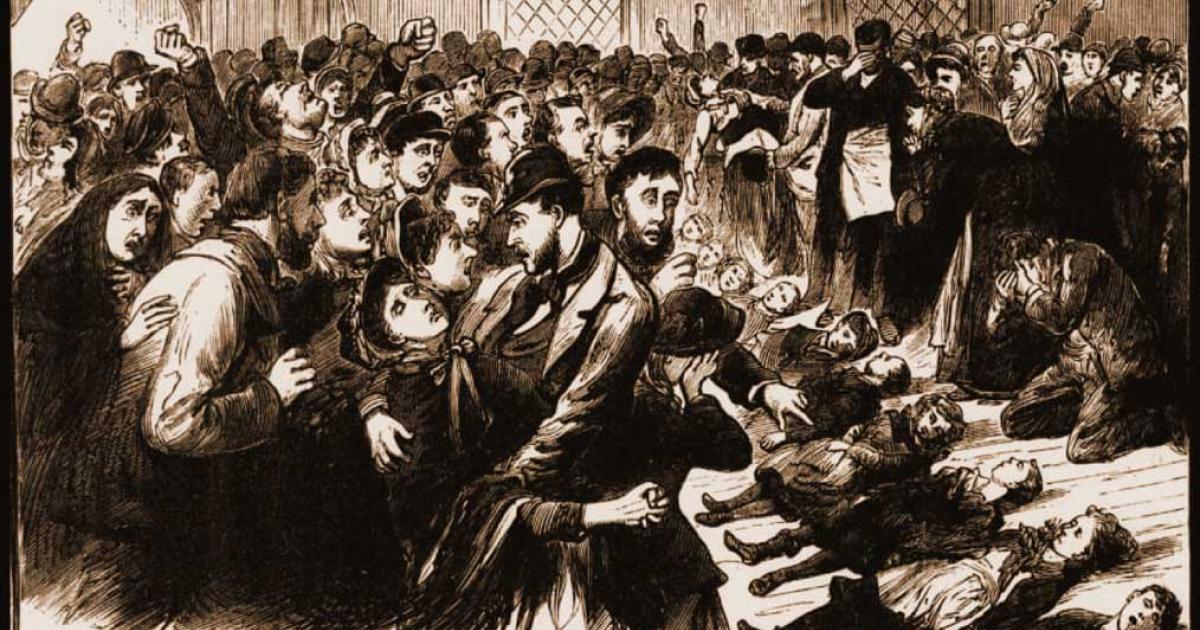 The scene at Victoria Hall, the grief-stricken parents having to identify the bodies of their children. Source: wearsideonline / Public Domain