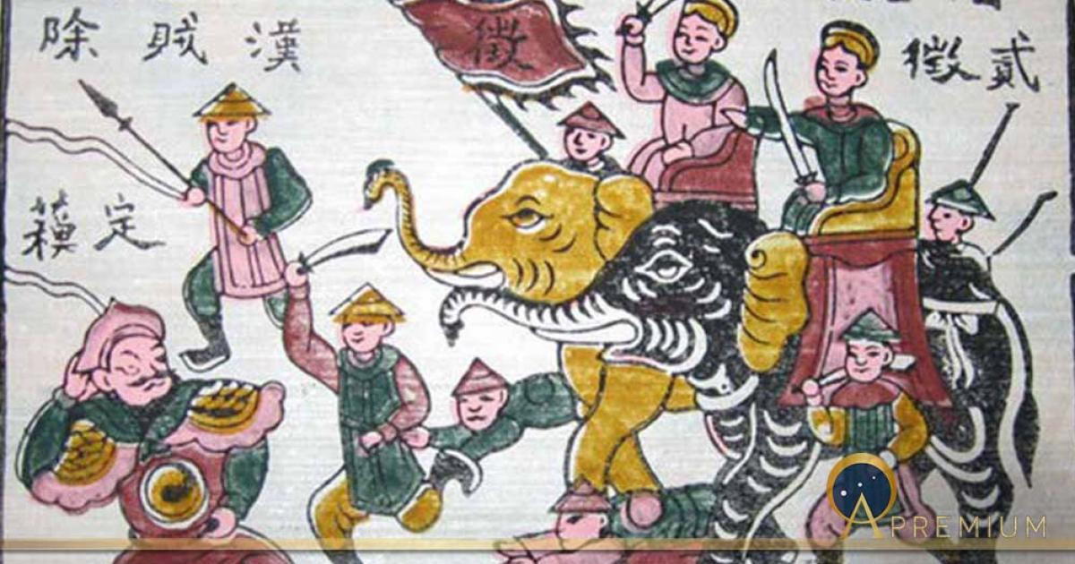Trung sisters riding elephants. Đông Hồ painting. (Public Domain)