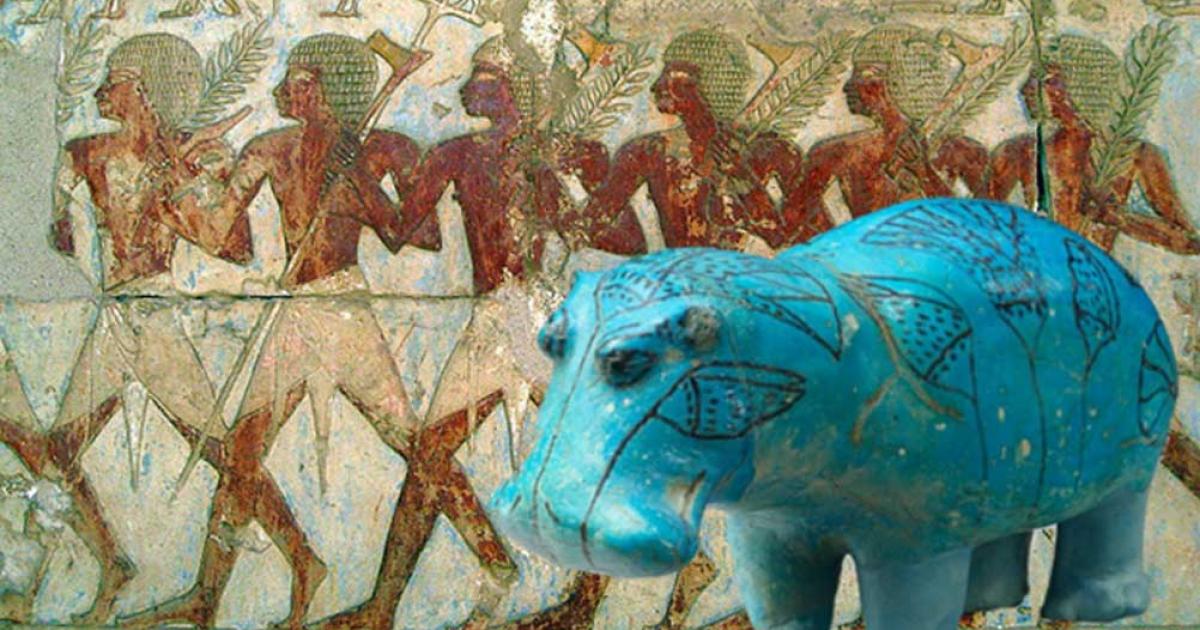 Standing hippopotamus figurine. From Egypt, Middle Egypt, Meir, Tomb B3 of the nomarch Senbi II, pit 1 (steward Senbi), Khashaba excavations, 1910. (CC0) Background: Members of Hatshepsut's trading expedition to the mysterious 'Land of Punt' from this pharaoh's elegant mortuary temple at Deir El-Bahri. In this scene, Egyptian soldiers bear tree branches and axes. (Σταύρος/CC BY 2.0)