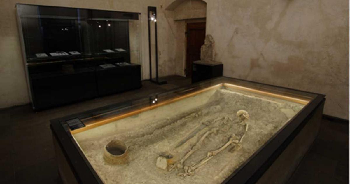 Photograph of the warrior skeleton in the exhibition ‘The Story of Prague Castle’ at Prague Castle.   Source:  Jan Gloc / Heritage Route