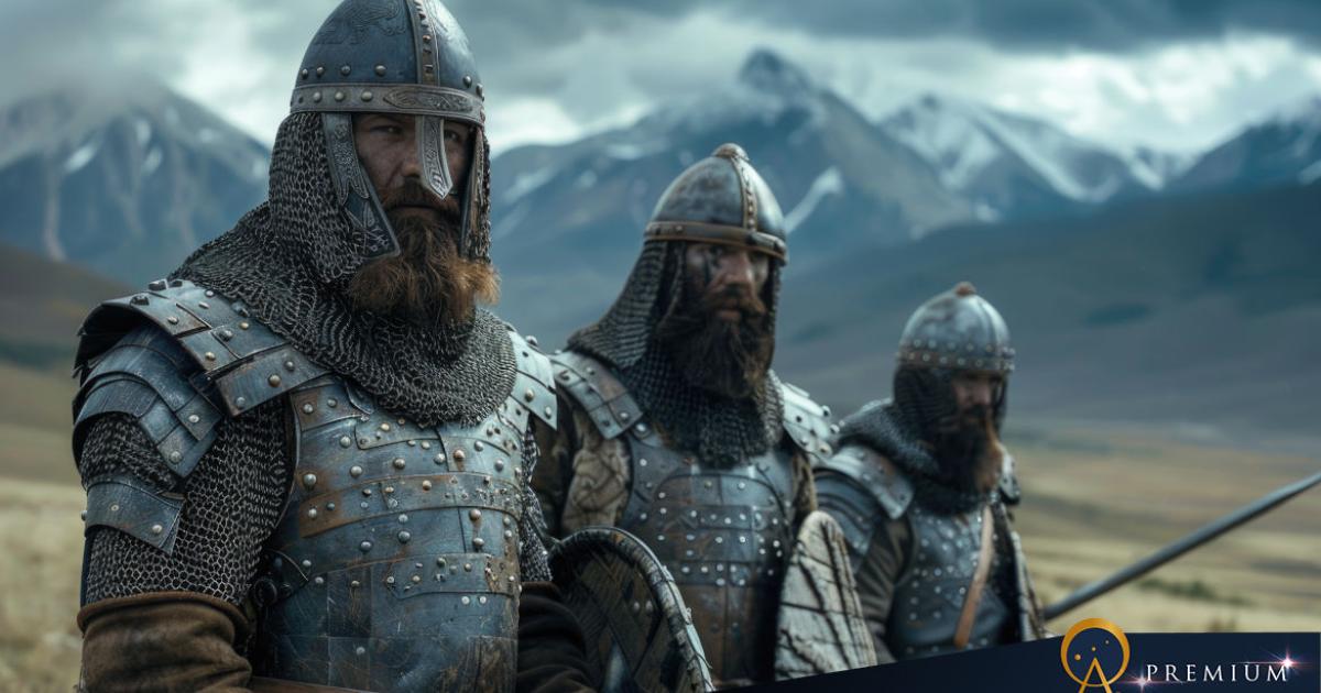 AI image of Slavic male warriors in chain mail.
