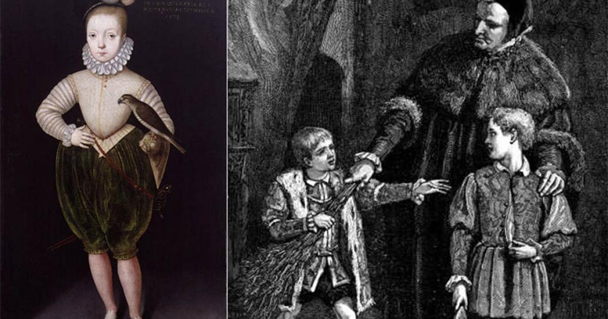 Whipping boys were used by aristocrats and royalty.  Source: Left; King James I of England and VI of Scotland, Public domain Right;  "Edward and Whipping Boy" illustration by Walter S. Stacey, Public domain