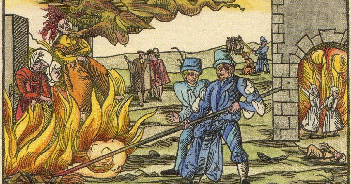 Hand-colored woodcut of three women burning at the stake while two men tend the fire, with other figures in the background