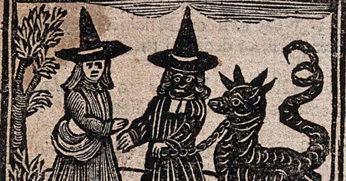 Witchcraft: a white-faced witch meeting a black-faced witch with a great beast. Woodcut, 1720.  Source: Public Domain