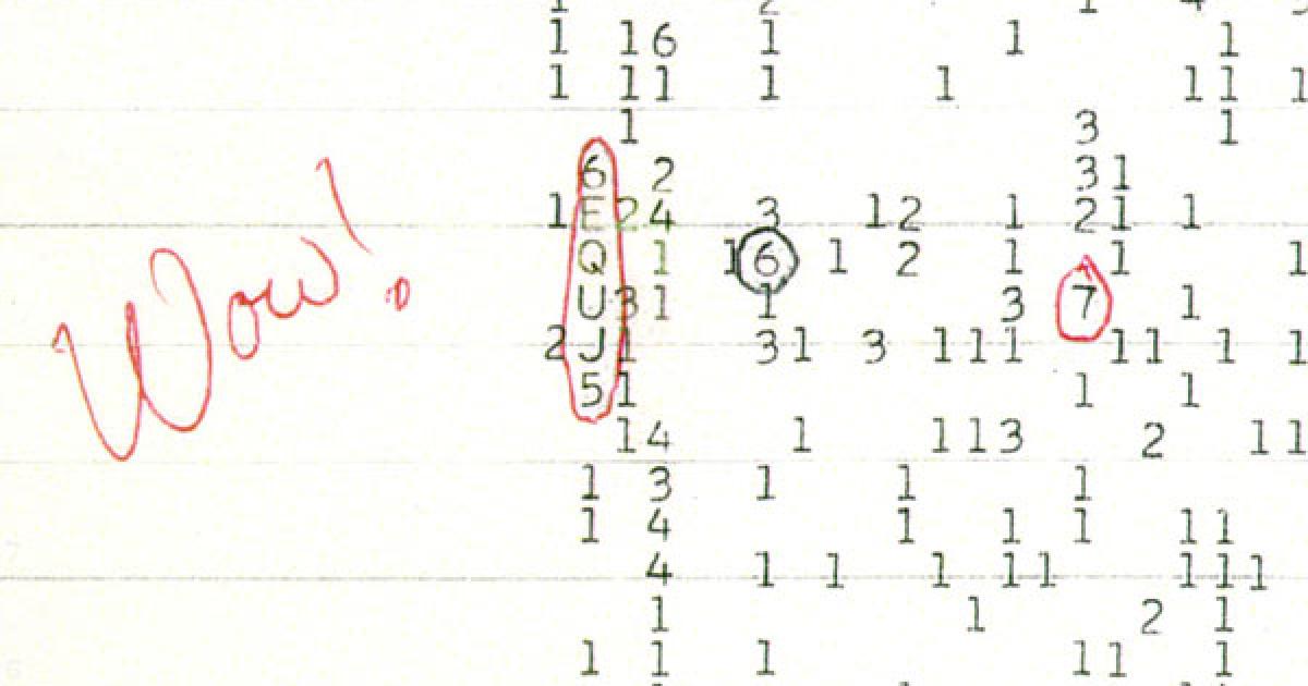 A scan of a color copy of the original computer printout, taken several years after the 1977 arrival of the Wow! signal.
