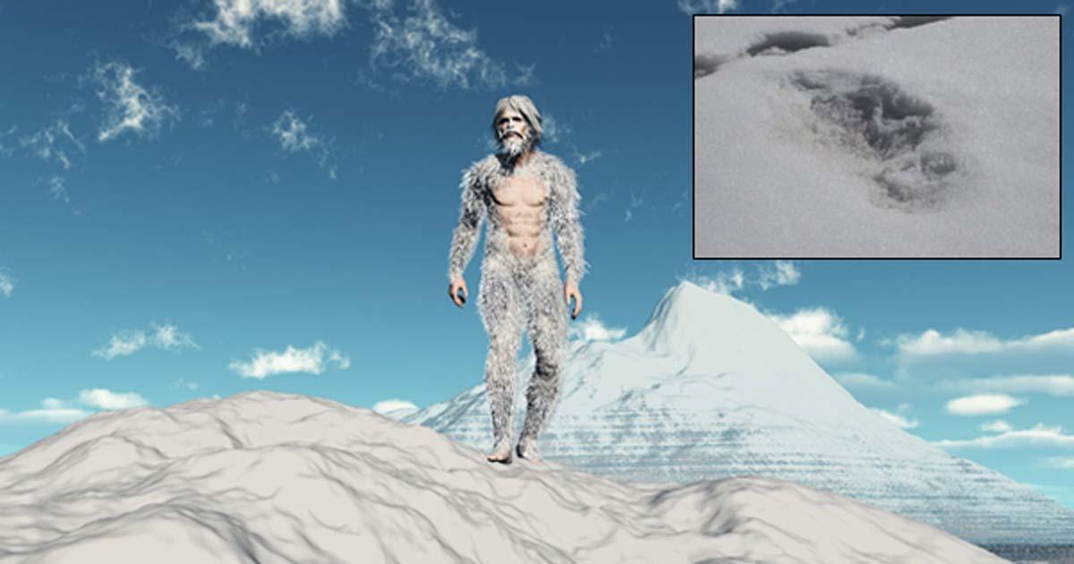 Representation of a yeti and the Indian army photo of Yeti footprints