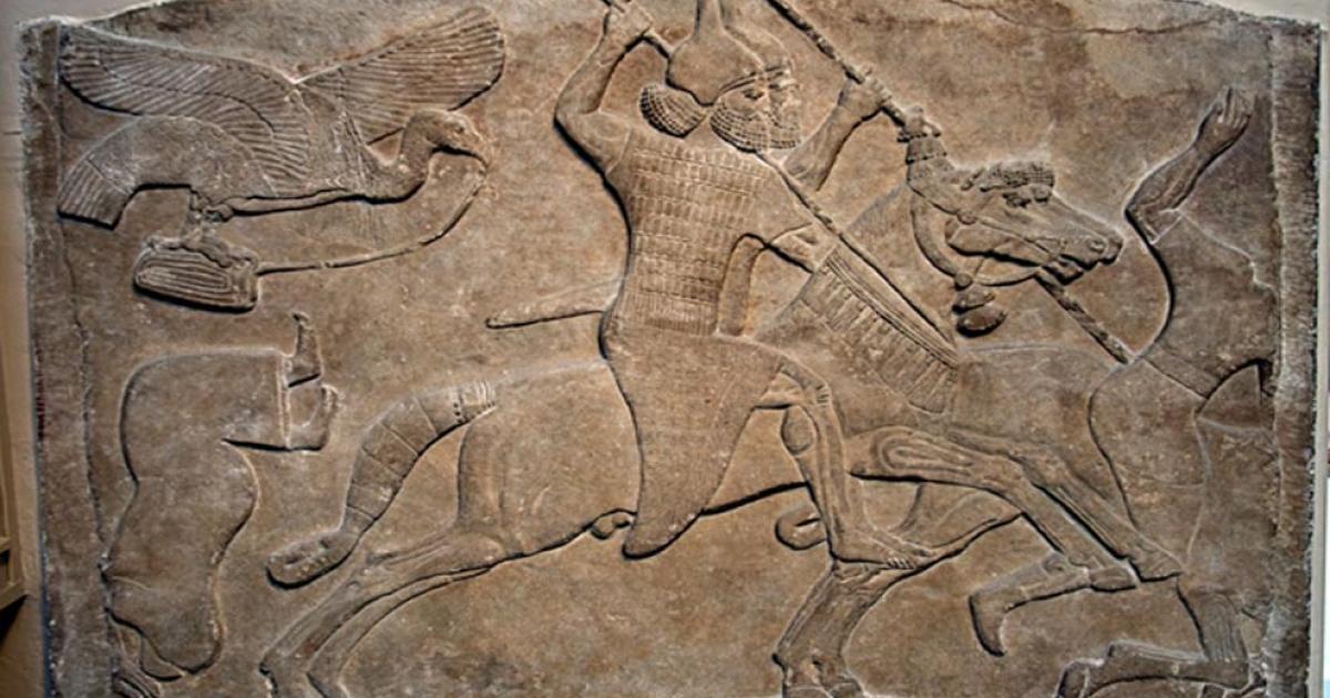 Assyrian relief of a horseman from Nimrud, now in the British Museum. "Battle scene, Assyrian, about 728 BC.