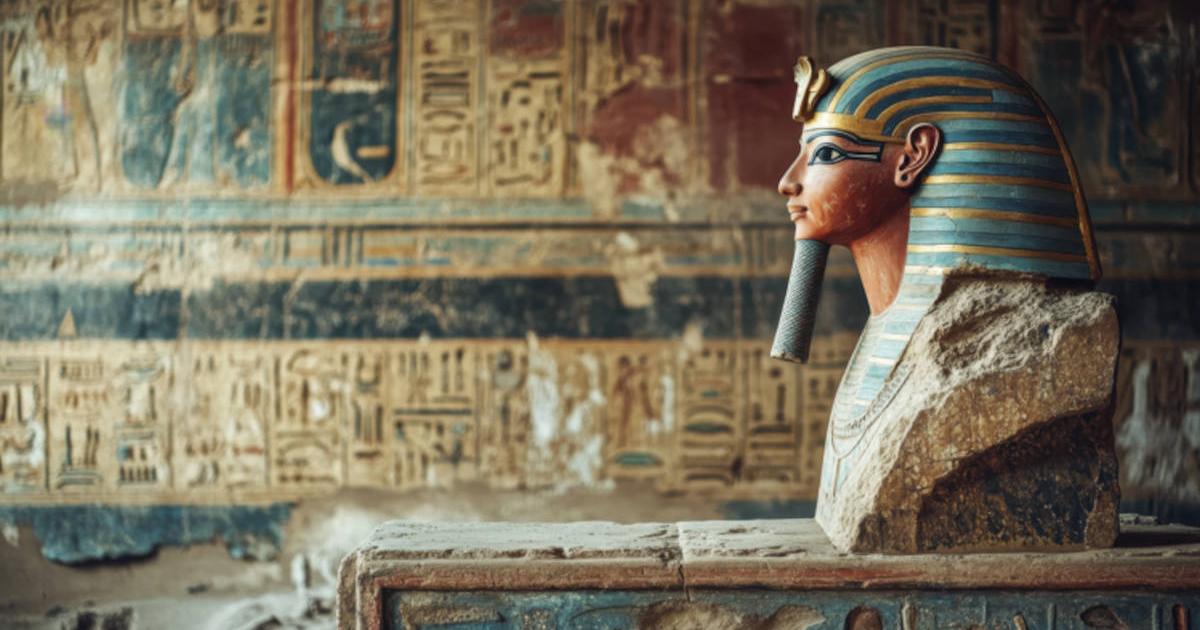 AI image of an ancient Egyptian pharaoh bust in profile with hieroglyphs on temple wall. 