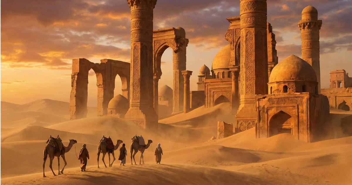 A dramatic artistic rendering showing massive ornate pillars and a caravan approaching ruins. This directly visualizes the "Iram of the Pillars" concept with spectacular lighting and scale. 