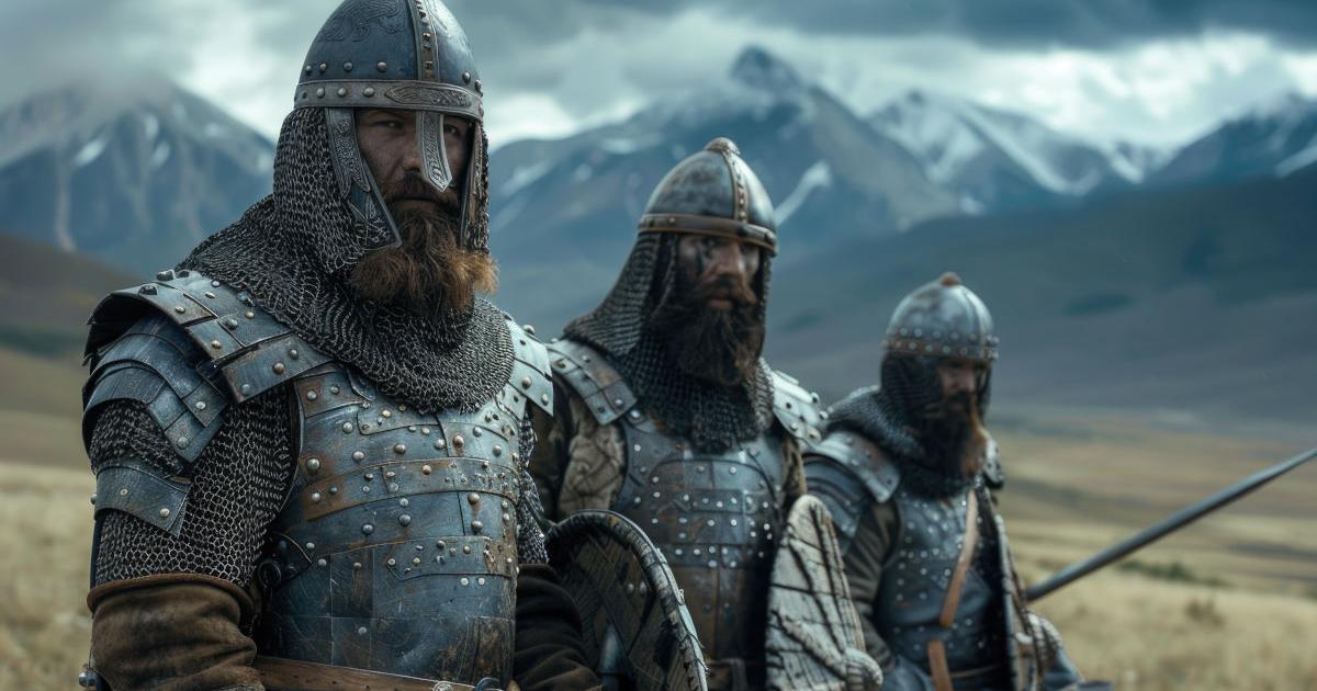 AI image of Slavic male warriors in chain mail.