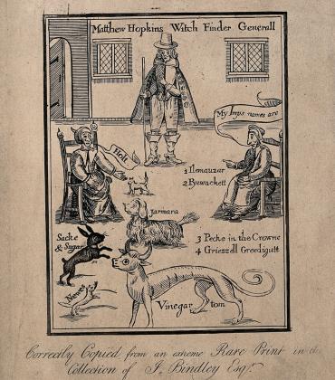 Matthew Hopkins, the self-styled Witchfinder General, with two accused women naming their familiars