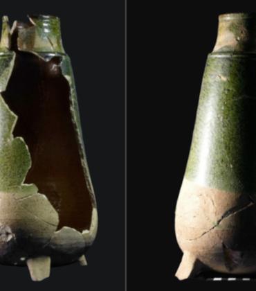 Two sides of the flask-shaped distilling vessel found at Gnandstein Castle which is partly green-glazed on the outside and yellow-glazed inside.