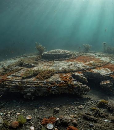 This photorealistic illustration depicts the mysterious circular object on the Baltic Sea floor, heavily encrusted and eroded as if it has rested there for millions of years. The image is an artistic rendering based on descriptions and scans from the Ocean X expedition.