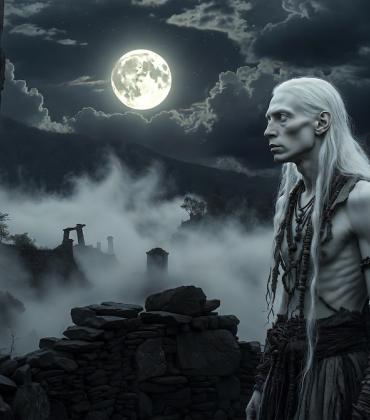 A hauntingly beautiful AI-generated image in landscape format: Under a luminous full moon, a pale-skinned albino Native American with long white hair stands guard among ancient stone ruins in the misty Appalachian Mountains.