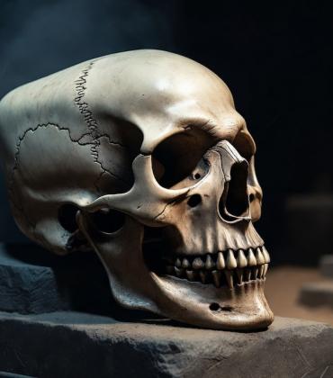 A dramatic, atmospheric close-up of a single elongated Paracas child skull resting on a museum display block. AI-generated image created to illustrate the mysterious and striking appearance of the Paracas elongated skulls.