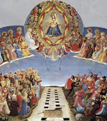 Fra Angelico's Last Judgment panel, with Christ enthroned among saints above an open row of tombs, the blessed in a garden on the left and the damned driven into a fiery underworld on the right