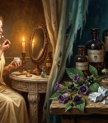 A stunning split-composition showing an elegant Roman woman applying makeup on one side, with deadly ingredients (skull, poison bottles, crocodile, belladonna, lead, mercury) on the other.
