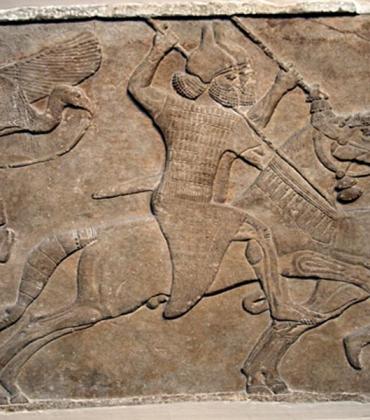 Assyrian relief of a horseman from Nimrud, now in the British Museum. "Battle scene, Assyrian, about 728 BC.