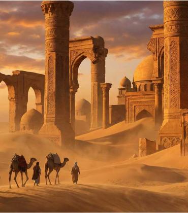 A dramatic artistic rendering showing massive ornate pillars and a caravan approaching ruins. This directly visualizes the "Iram of the Pillars" concept with spectacular lighting and scale. 