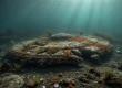 This photorealistic illustration depicts the mysterious circular object on the Baltic Sea floor, heavily encrusted and eroded as if it has rested there for millions of years. The image is an artistic rendering based on descriptions and scans from the Ocean X expedition.