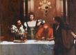 Painting by John Collier, "A glass of wine with Caesar Borgia," depicting Cesare Borgia, Lucrezia Borgia, Pope Alexander, and a young man holding an empty glass. The painting represents the popular view of the treacherous nature of the Borgias: the implication being that the young man cannot be sure that the wine is not poisoned. 		Source: John Collier / Public domain