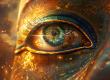 Close-up of a golden Egyptian eye featuring a glowing cosmic iris and shimmering sparks.
