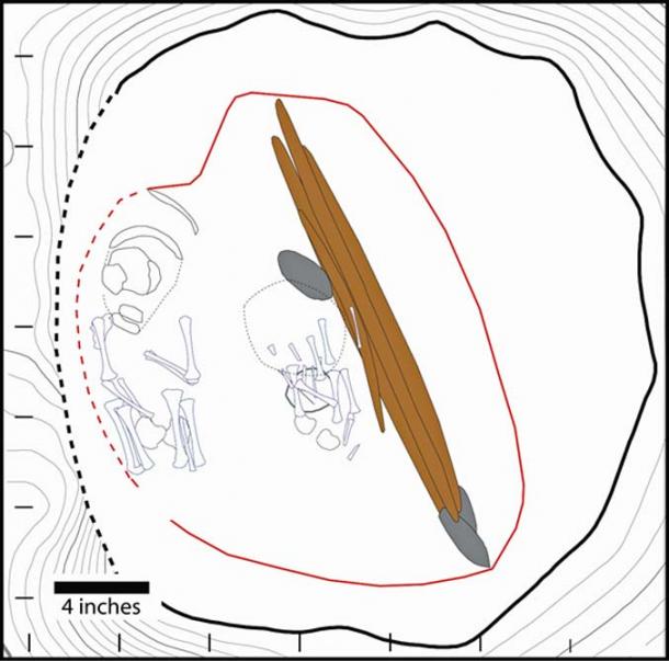 An illustration of an 11,500-year-old grave in central Alaska that contained a rare double burial of two infants.