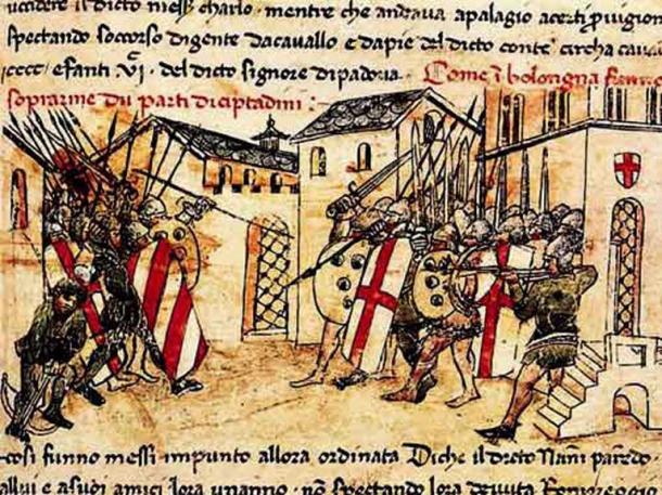 Depiction of a 14th-century fight between the militias of the Guelf and Ghibelline factions in Bologna