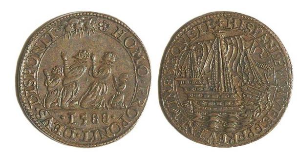 A 1588 jeton from Dordrecht, Netherlands, with a representation of the destruction of the Armada. 