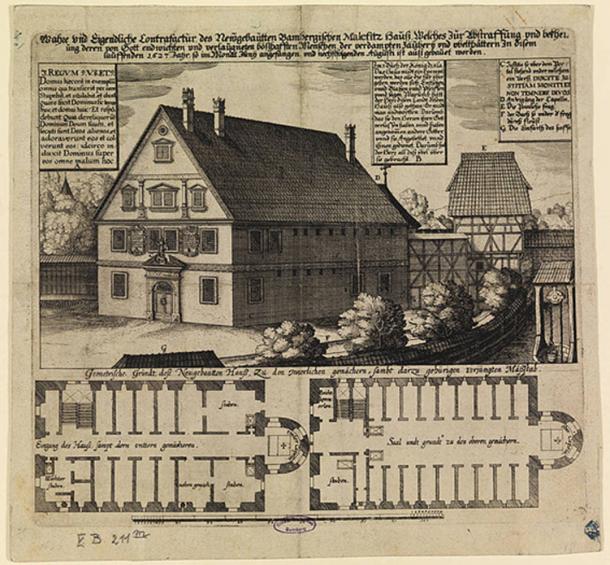 Grabado de 1627 del malefizhaus en Bamberg, Alemania, donde los sospechosos de brujería fueron detenidos e interrogados.