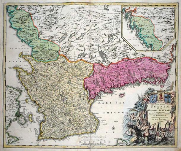 A 1710 map of Skåneland, which consists of the provinces Scania, Halland and Blekinge.