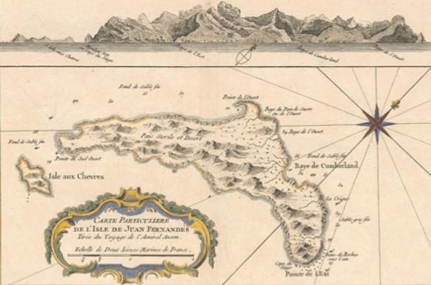1753 map of Isla Más a Tierra (known today as Robinson Crusoe), the largest of the three islands that constitute the Juan Fernández group. When explorers’ narratives mention stops at Juan Fernández, they usually are referring to this island. (Public Domain)