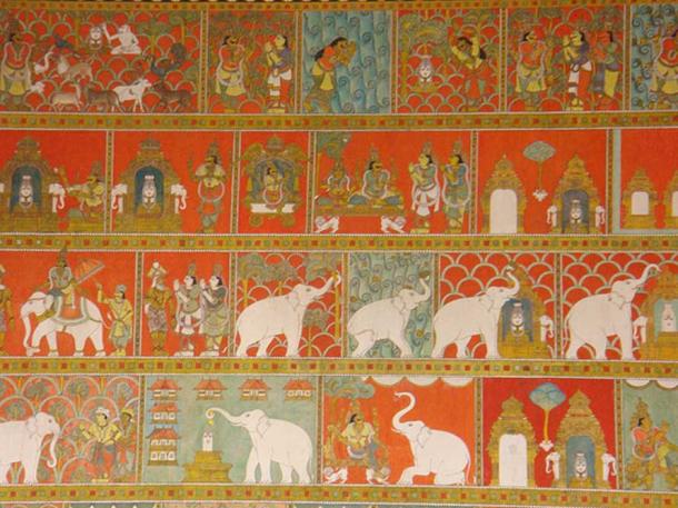 17th century Wall paintings in the Madurai Meenakshi Temple depicting the founding legend of the temple.