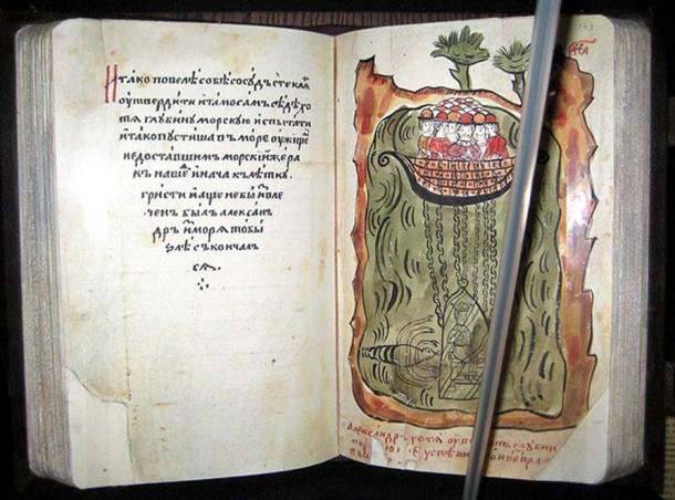 17th-century manuscript of an Alexandrine novel (Russia): Alexander exploring the depths of sea.