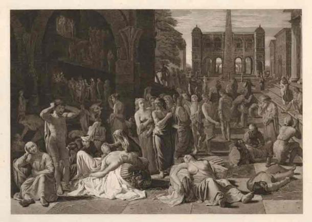 This 1811 etching depicts the ancient Plague of Athens (circa 430 BC), which may have been caused by Yersinia or a disease with similar symptoms such as smallpox, typhus or measles.  (The British Museum, CC BY-NC-SA/The Conversation)