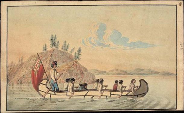 1825 illustration of Hudson's Bay Company officials in an express canoe crossing a lake. (Public Domain)