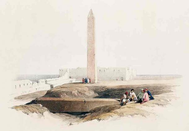1830’s lithograph depicting the Thutmose Obelisk (or Cleopatra’s Needle) in Alexandria, by David Roberts. The standing obelisk is now located in New York. (Rawpixel / CC BY-SA 4.0)