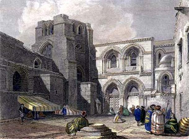 Grabado de 1834 de la entrada a la Iglesia del Santo Sepulcro. 