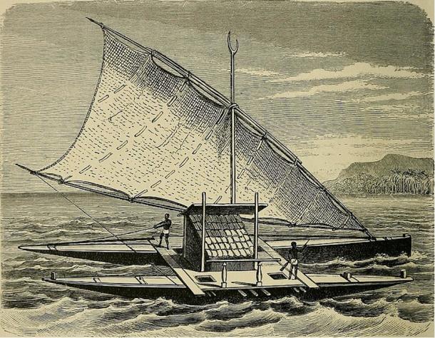 896 illustration of ancient Polynesian seafarers. (The History of Mankind (1896)